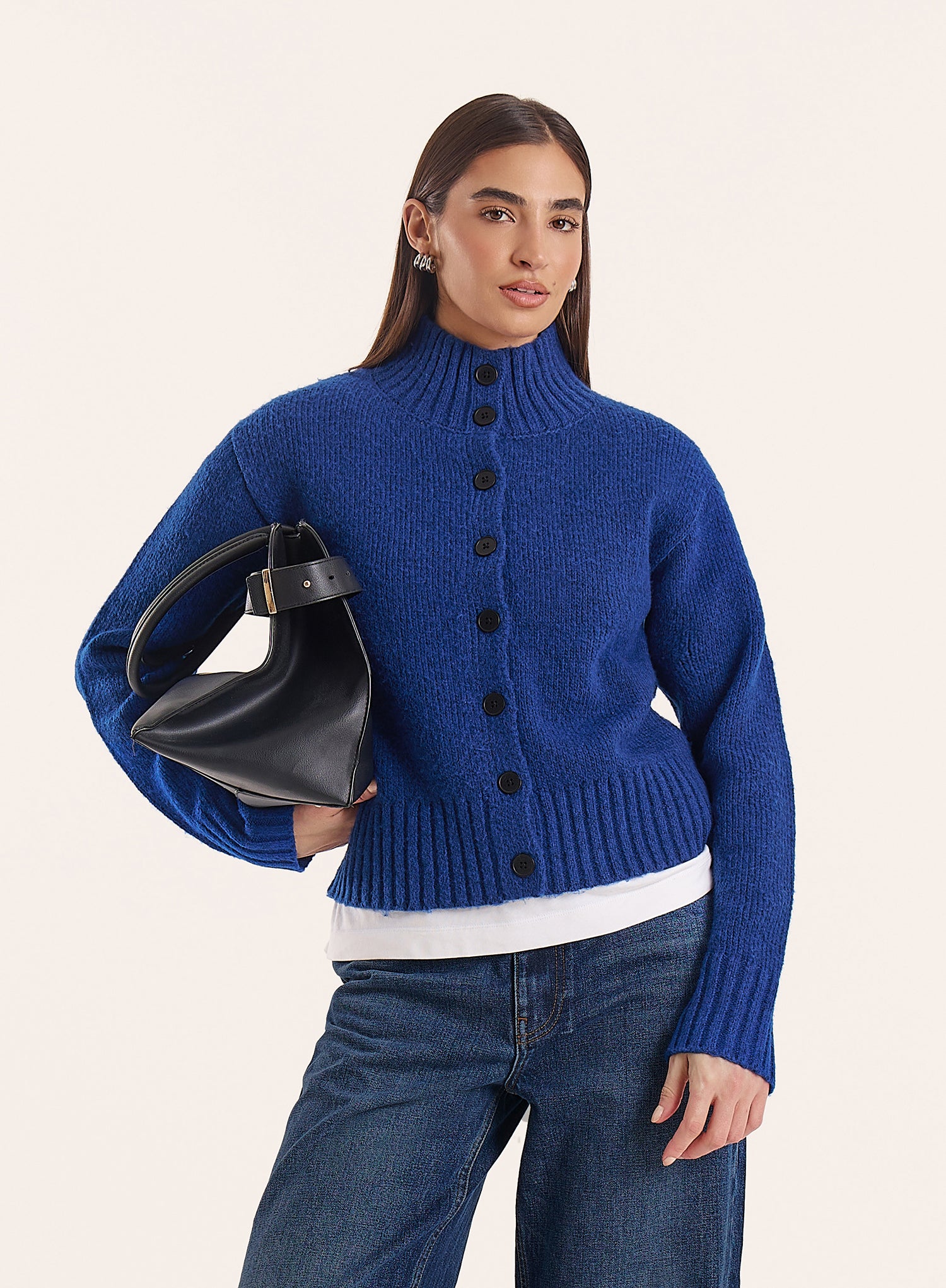 Blue Knitted Ribbed Button Down Cardigan